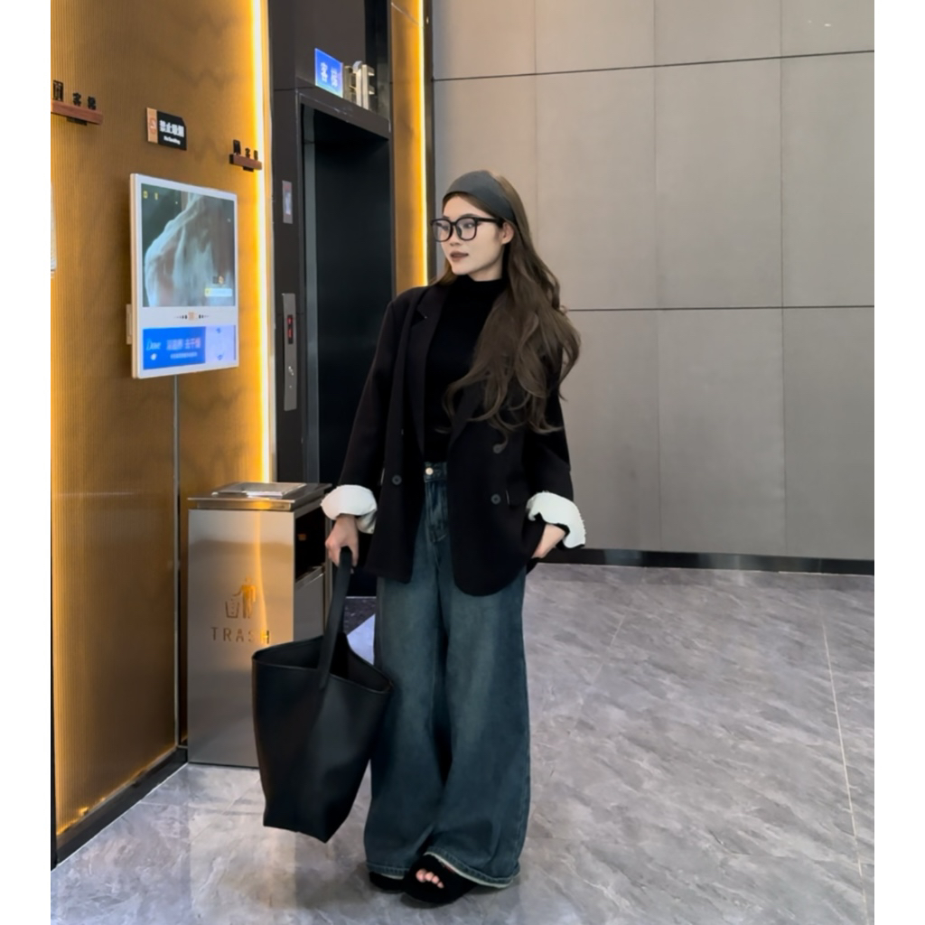 韩剧女主～高级感拼接麻料大衣长款昵外套 8918#