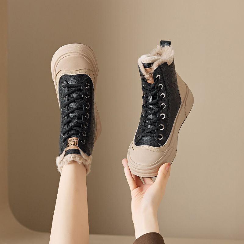 B148防滑雪地靴加厚鞋子真皮棉鞋女款保暖短靴高帮运动鞋女冬加绒