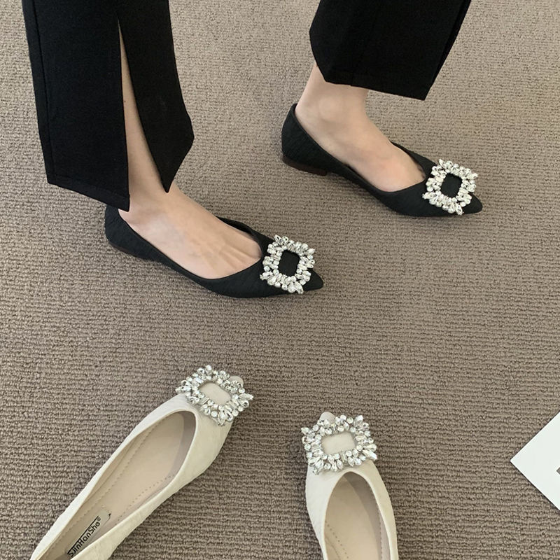 尖头单鞋2025新款秋款爆款气质女鞋水钻百搭法式平底平底鞋豆豆鞋