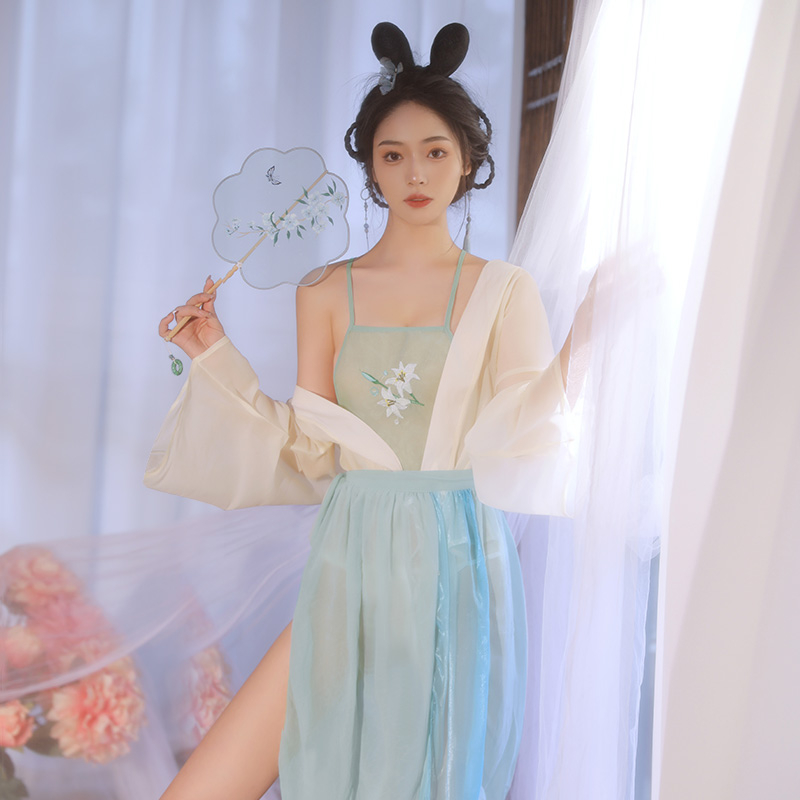 日常性感汉服睡裙吊带夏季刺绣玉兰花肚兜薄款性感古风睡衣女古典