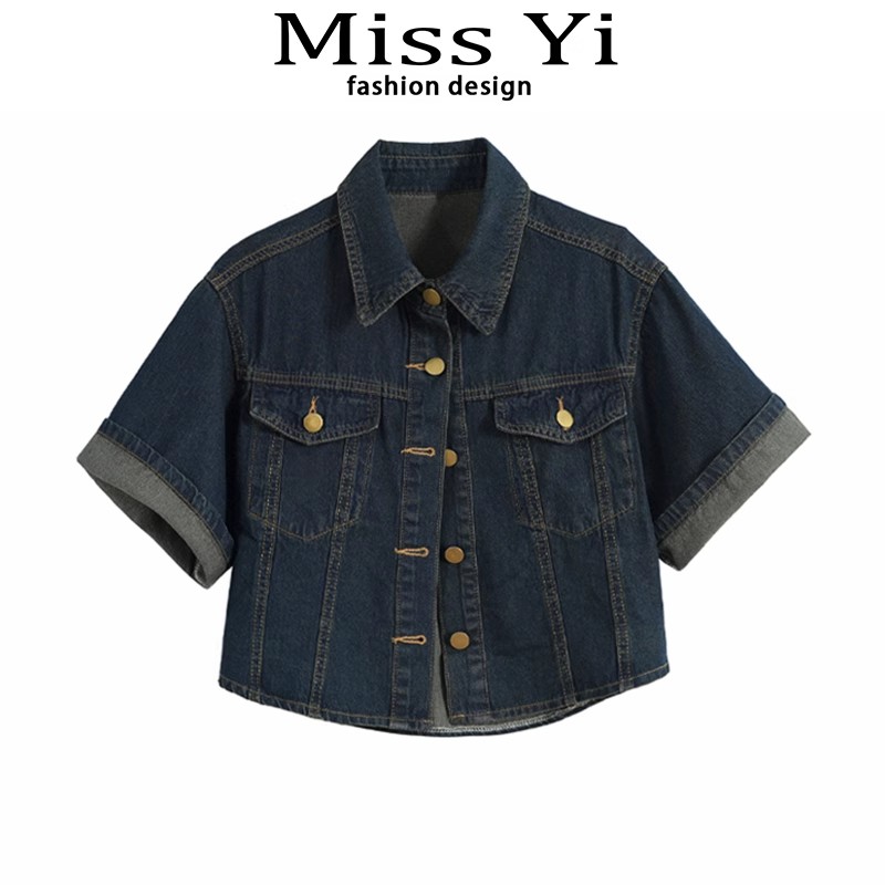 夏季韩版chic港味复古短款小个子翻领宽松牛仔外套短袖衬衫上衣女