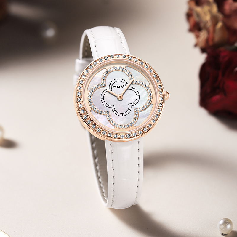 DOM正品女士手表新款时尚百搭气质四叶草专柜同款皮带手表G-1773
