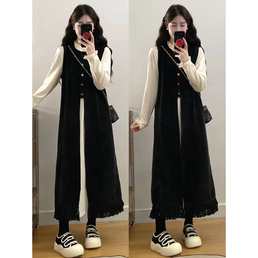 大码女装胖mm秋冬加厚显瘦长袖开叉背心裙两件套