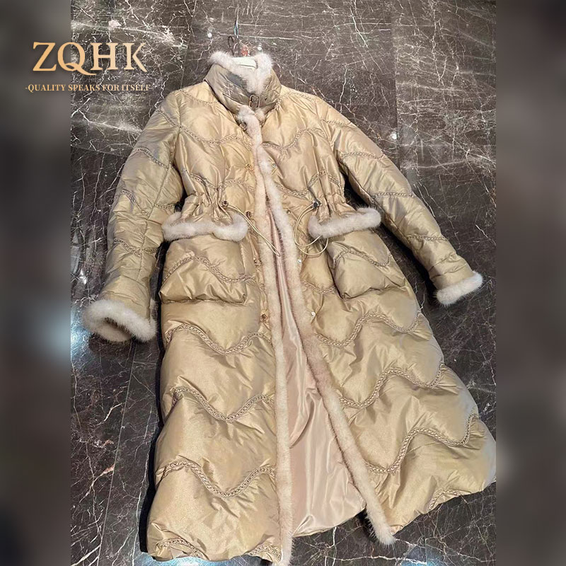 【ZQHK】子琪品牌2025年冬季质收腰抽绳中长款皮草羽绒服