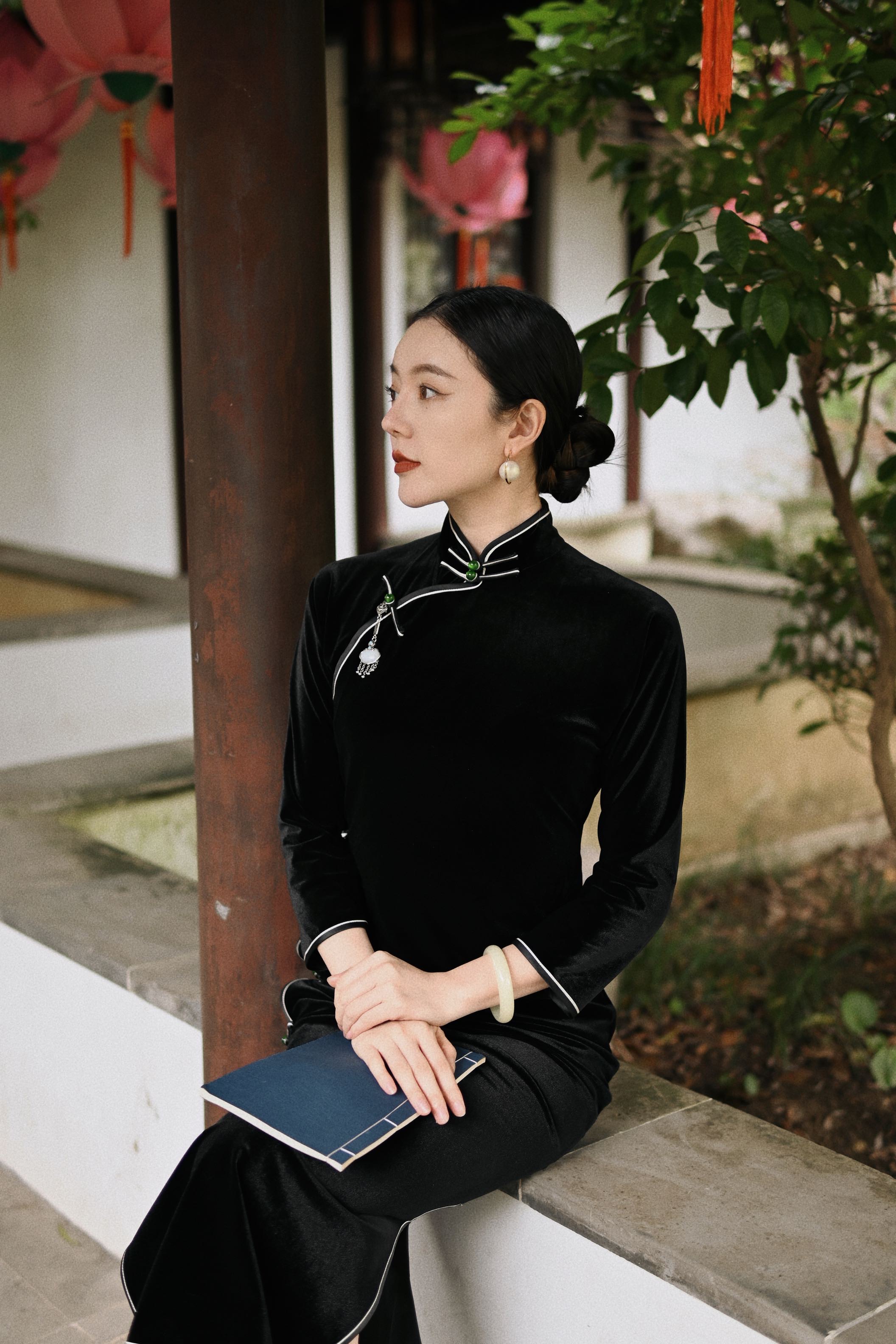 【诗笺月】秋冬新款国风复古气质优雅显瘦丝绒全开襟款旗袍130CM