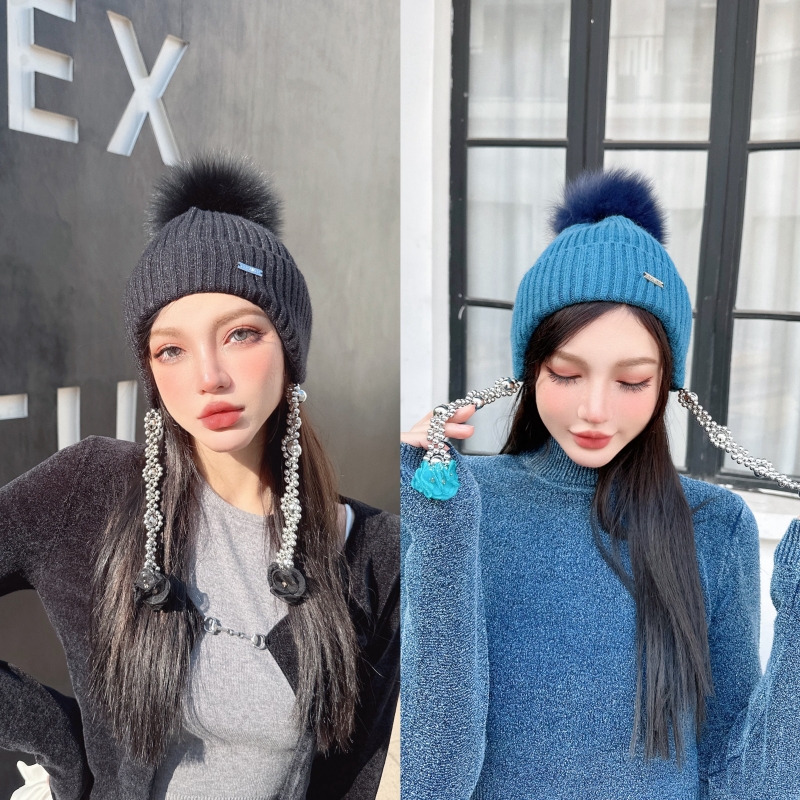 CREAMPP 原创柔软针织大狐狸毛球串珠挂链针织帽弹力护耳亲肤冷帽