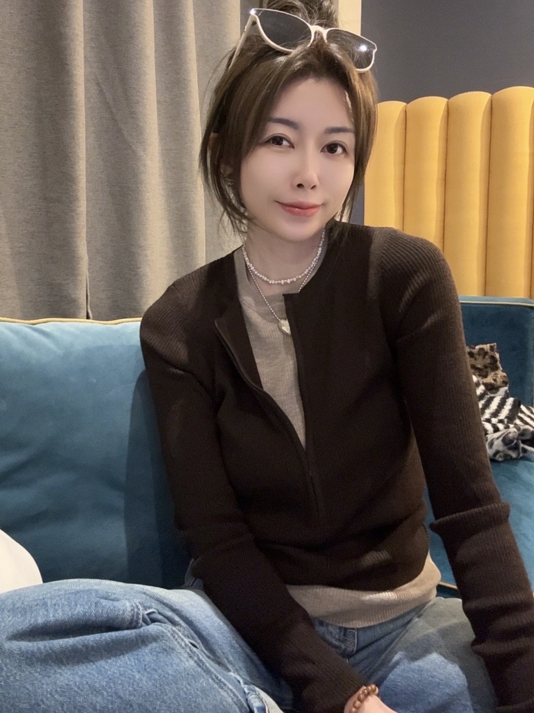 【思含】假两件气质拼色针织开衫