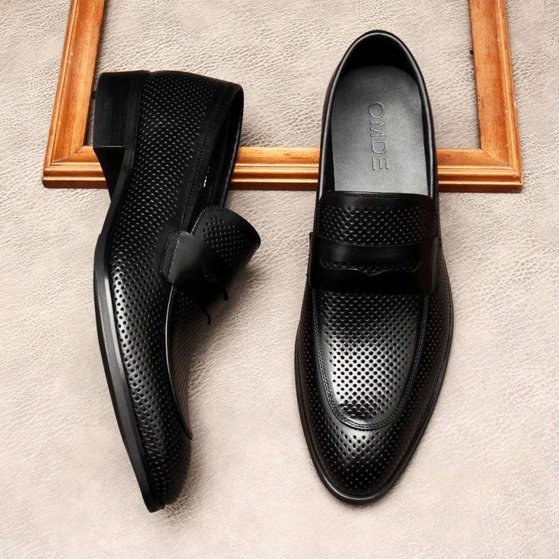OMDE夏季一脚蹬镂空皮鞋英伦真皮商务正装舒适透气办公男鞋705-1K
