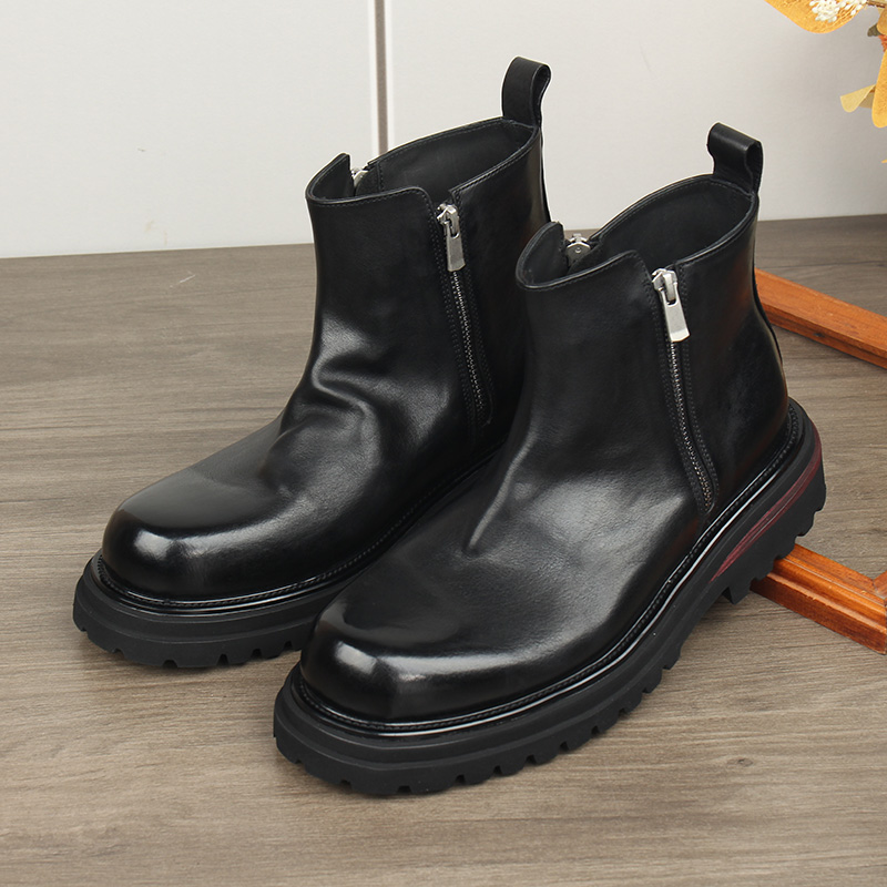 2025新款时尚复古百搭切尔西靴真皮水洗厚底短靴英伦黑色圆头男靴