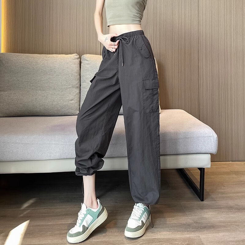 白色工装裤女春夏季薄款2024年高腰显瘦束脚阔腿裤美式速干运动裤