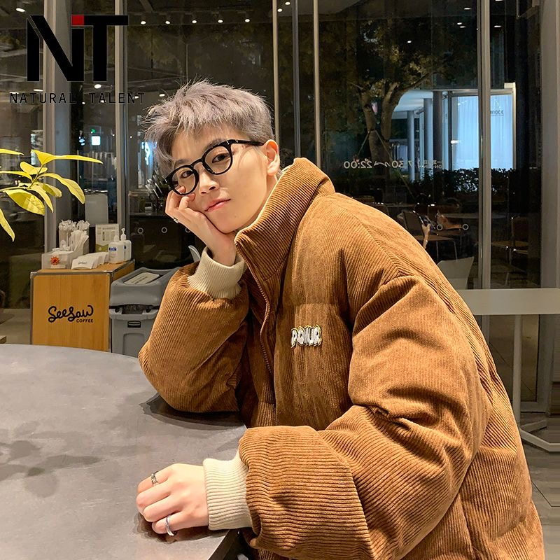 秋冬季高级感薄棉服外套男假两件棉衣韩版保暖毛呢棉袄夹克上衣潮