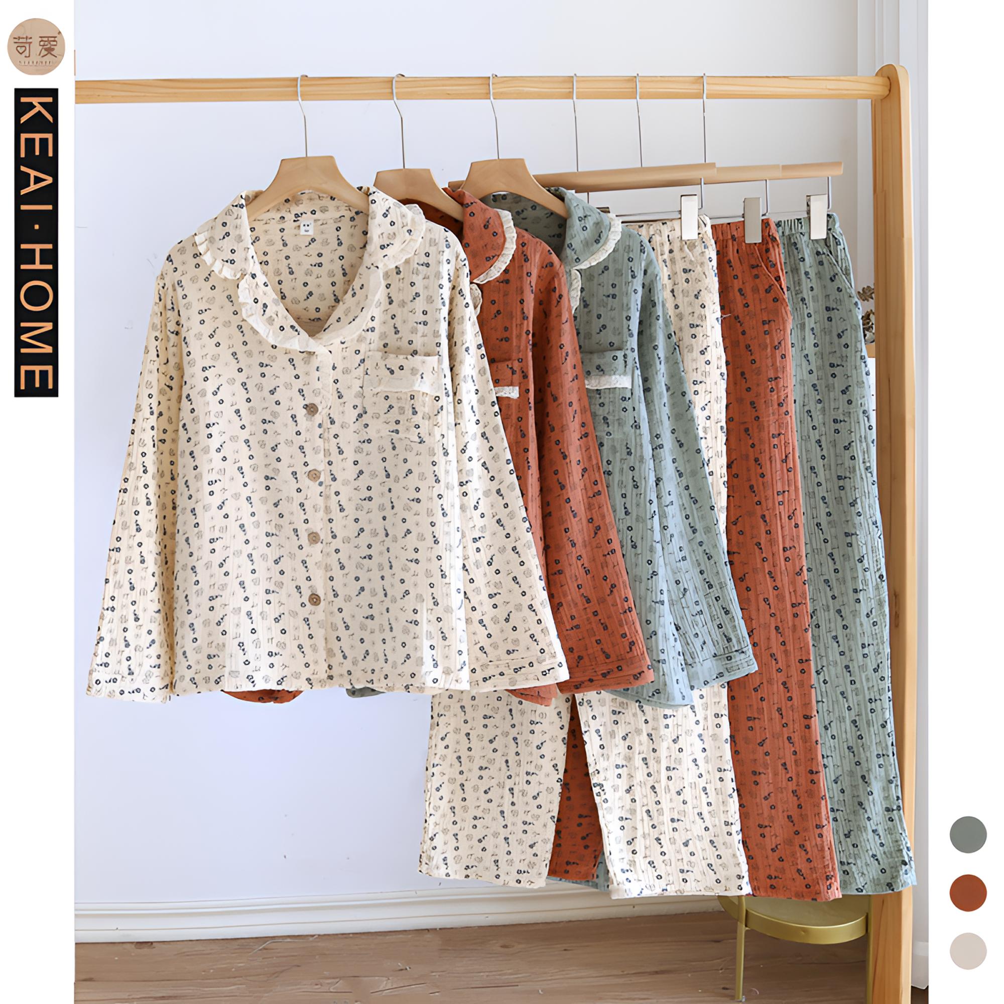 苛爱[暗香梅花]感睡衣女套装纯棉纱布春夏季舒适中年全棉家居服