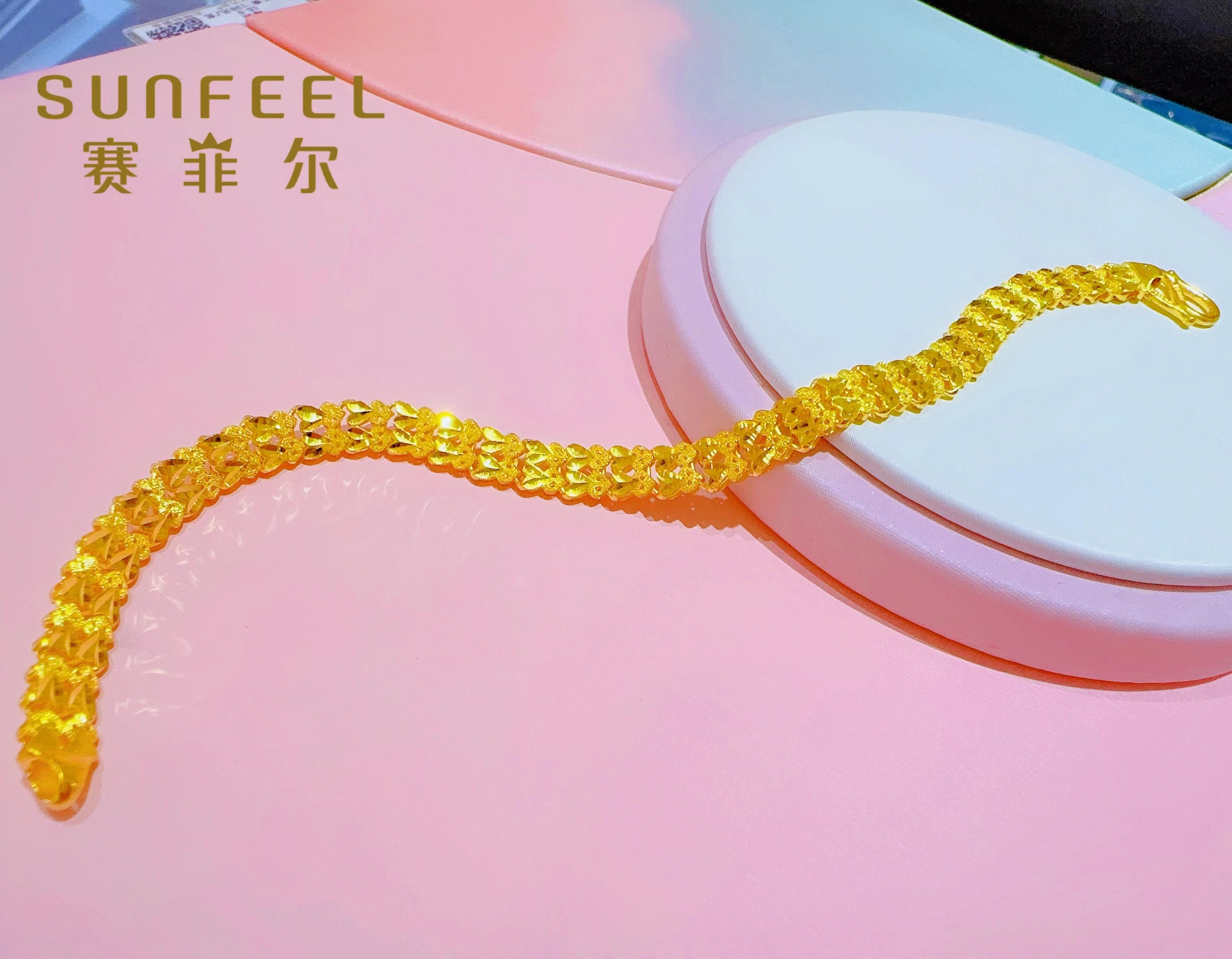SUNFEEL/赛菲尔万足®足金双鱼板链黄金手链女结实耐戴实心337549