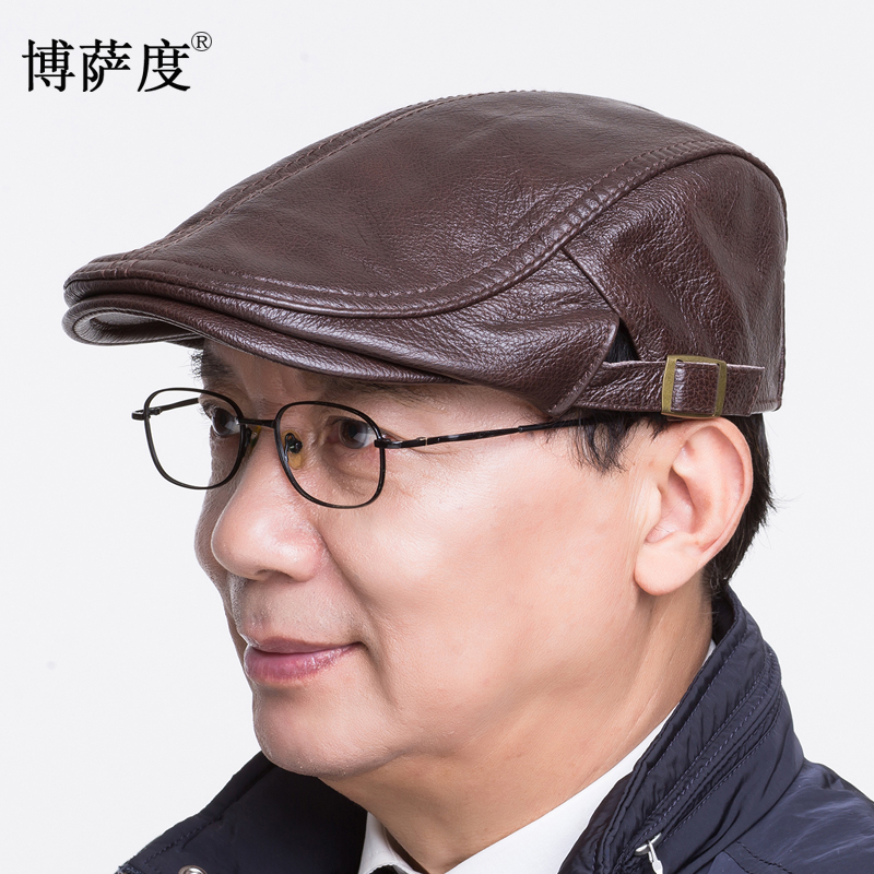 秋冬款男士时尚真皮贝雷帽薄款帽子牛皮帽前进帽体闲鸭舌帽户外潮