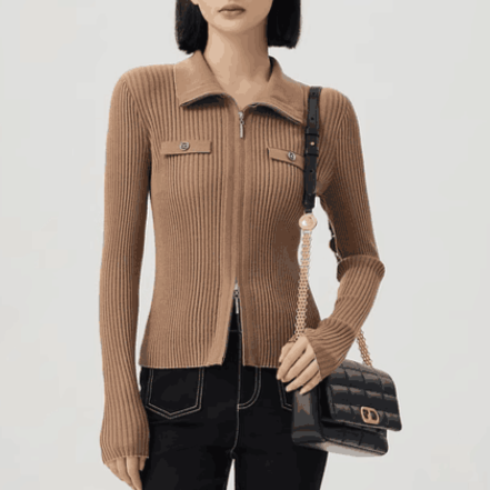 【商场同款】春秋气质双头拉链针织开衫显瘦立领上衣女A400975