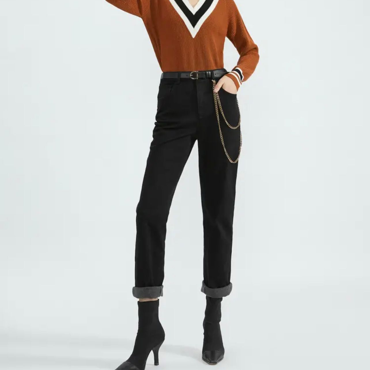 【商场同款】秋冬新款简约保暖加绒高腰烟管裤牛仔长裤A100144