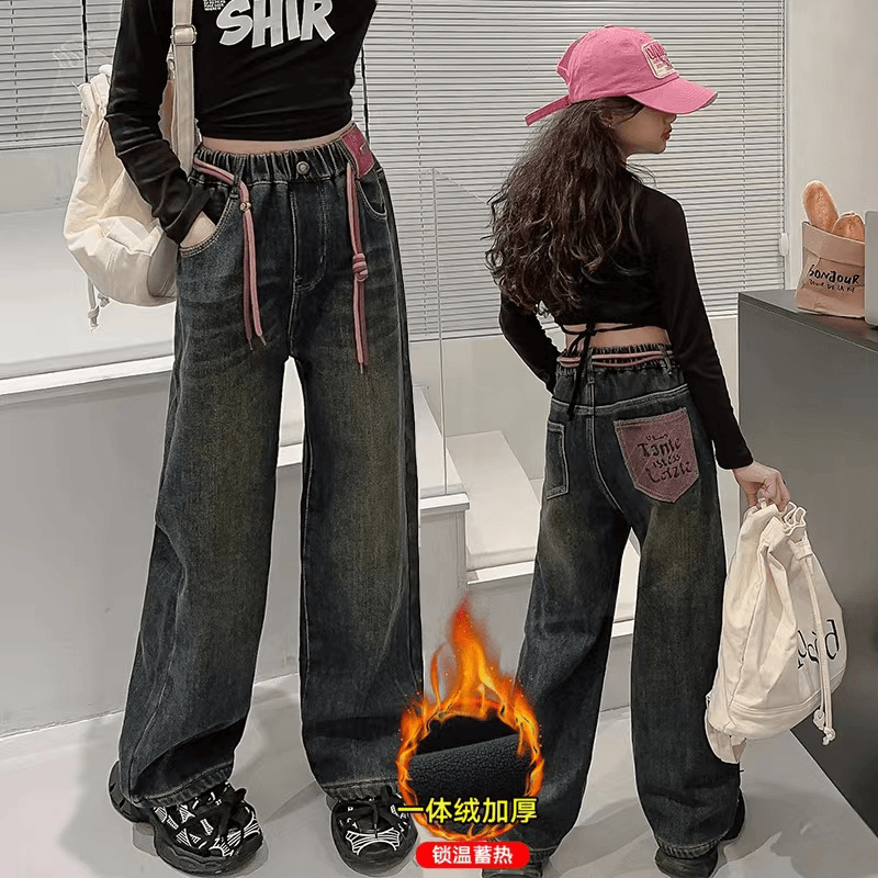 童装中大童牛仔裤冬季新款加绒加厚保暖复古色宽松弹力牛仔直筒裤