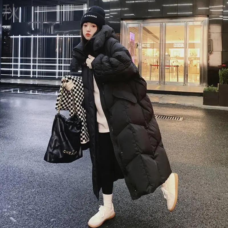 冬装精选s黑色90白鸭绒羽绒棉服女冬长款过膝新款韩版宽松加厚面