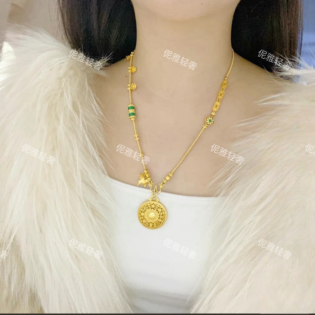 合金珐琅项链 绿色桶珠链配小众吊坠（时尚轻奢气质女王）颈链饰品