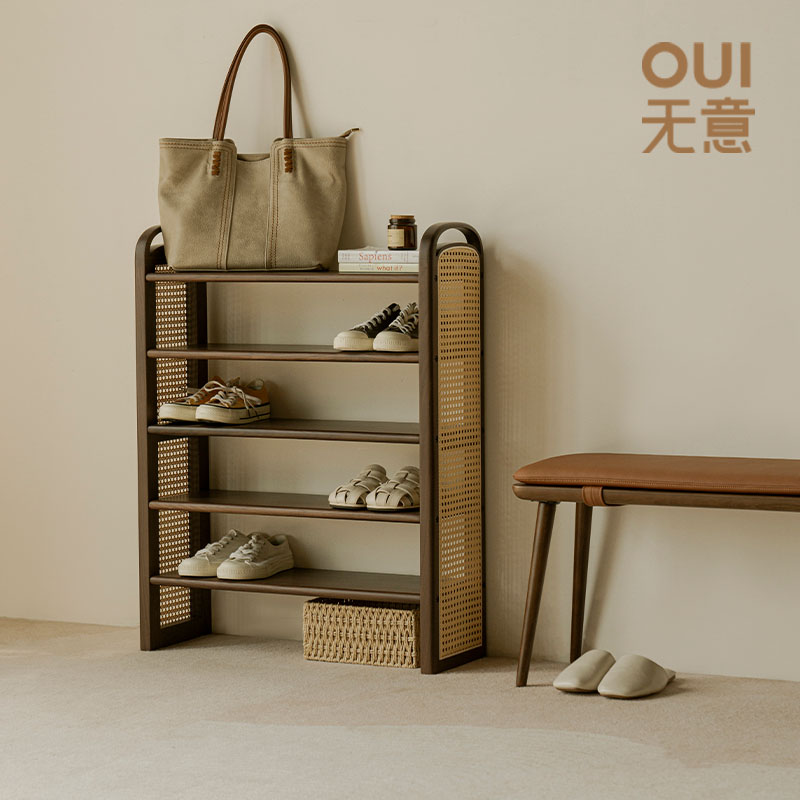 无意黑胡桃木日式藤编鞋架多层实木家用简易进门收纳鞋柜简约