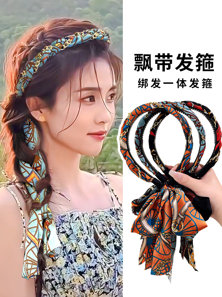 复古链条发箍宫廷缎面布艺发卡发带女夏天丝巾飘带绑发一体系头箍