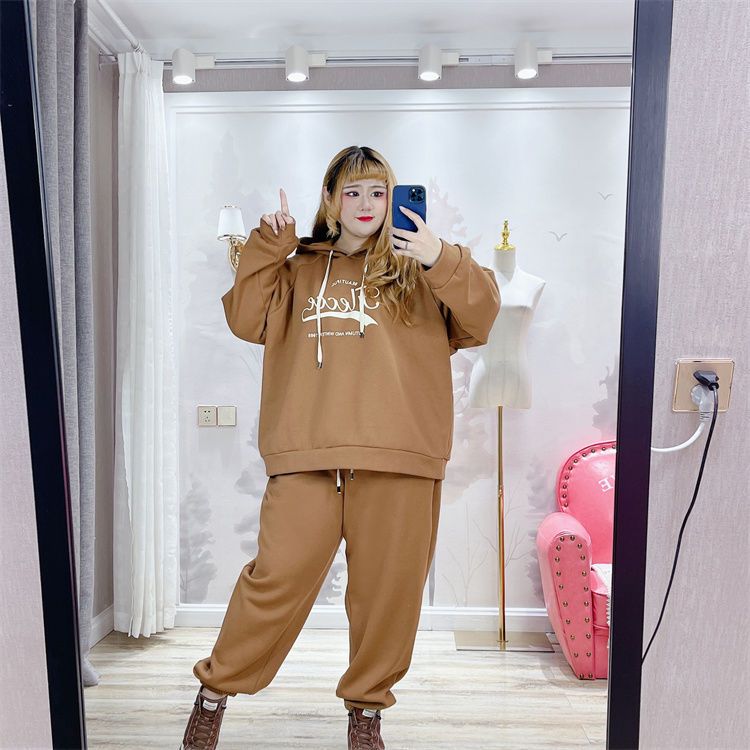胖MM200-300斤特大码冬款运动百搭休闲宽松加绒连帽卫衣+卫裤套装