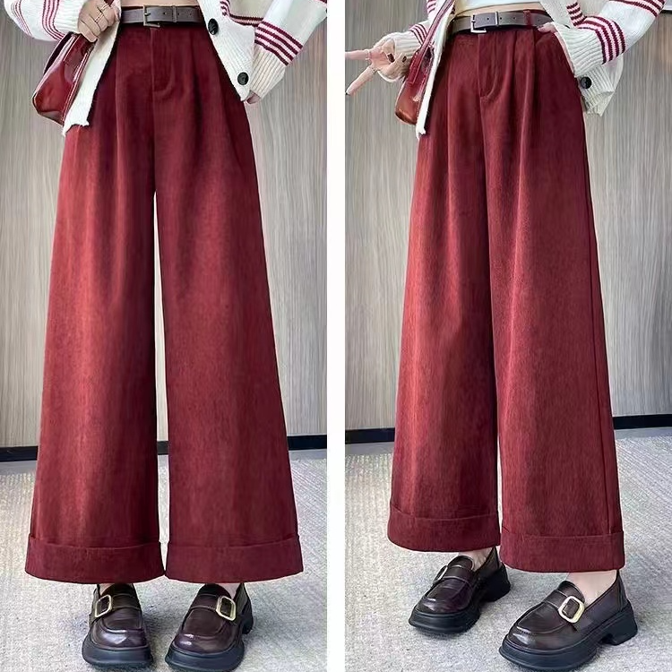 秋冬新款卷边灯芯绒阔腿裤女高腰宽松阔脚裤复古直筒休闲裤秋季