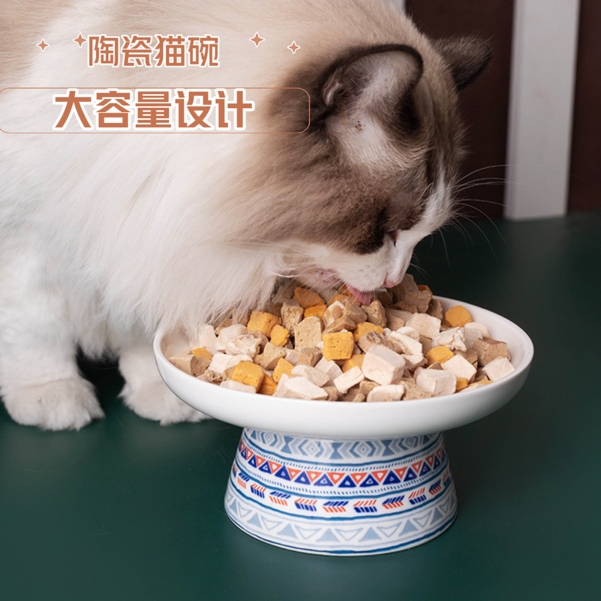 大容量陶瓷猫碗高脚护颈椎猫粮碗猫盆饮水碗宠物零食碗可爱斜口碗