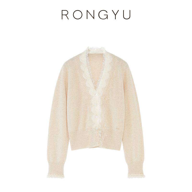 RONGYU绒郁百搭双色蕾丝毛边法式小香风山羊绒针织开衫