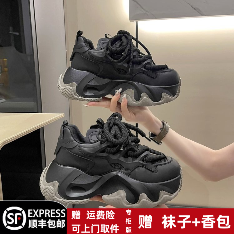 冬季回力休闲松糕鞋跑步运动鞋时尚秋冬老爹鞋厚底老爹鞋黑色百搭