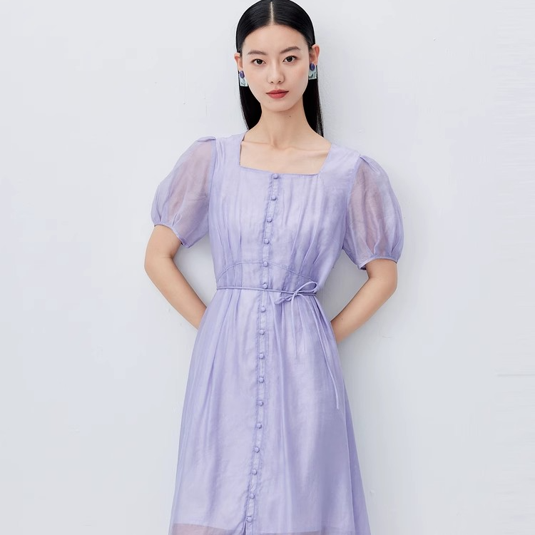 夏季新款莱赛尔简约风夏装法式浪收腰短袖连衣裙女-D22218S9713