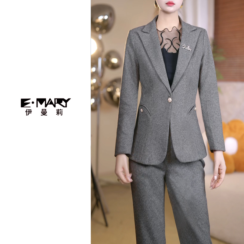 秋冬加厚毛呢子气质女时尚修身西服套装韩版长袖格子韩版显瘦套装