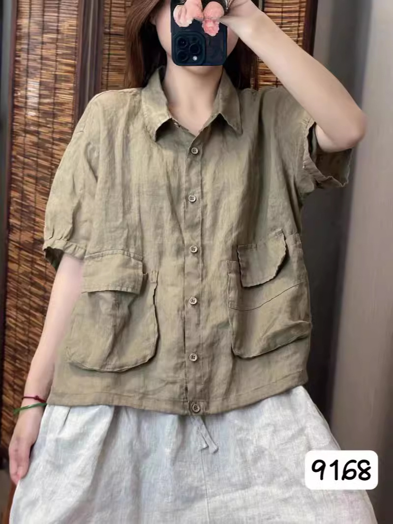 夏季新款纯色大口袋系带开衫短袖休闲显瘦宽松百搭纯苎麻衬衫