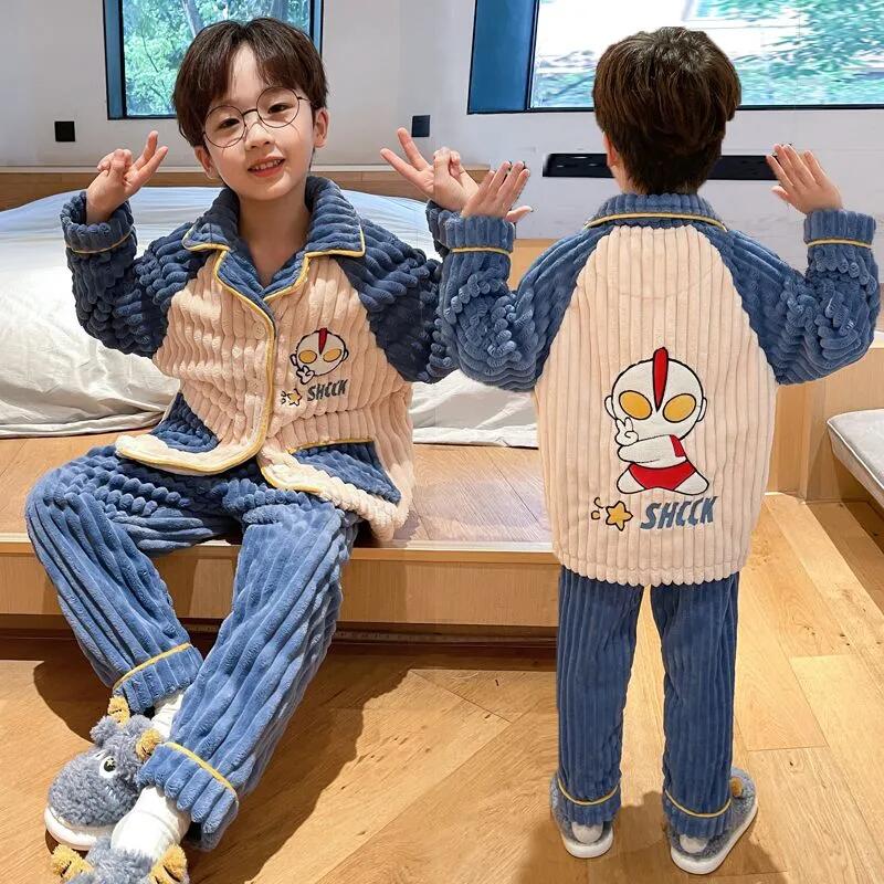 「男童穿搭」卡通超人长袖居家中小童秋冬保暖男孩家居服套装冬睡衣