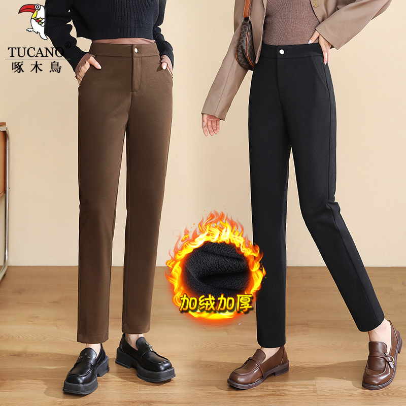 TUCANO/啄木鳥加绒毛呢西装裤女秋冬季高腰保暖中年直筒烟管裤子