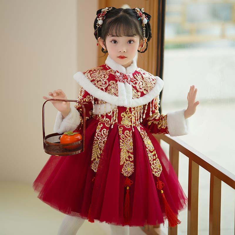 拜年服女童冬季汉服2023新款加厚冬款女宝喜庆儿童装过年新年衣服