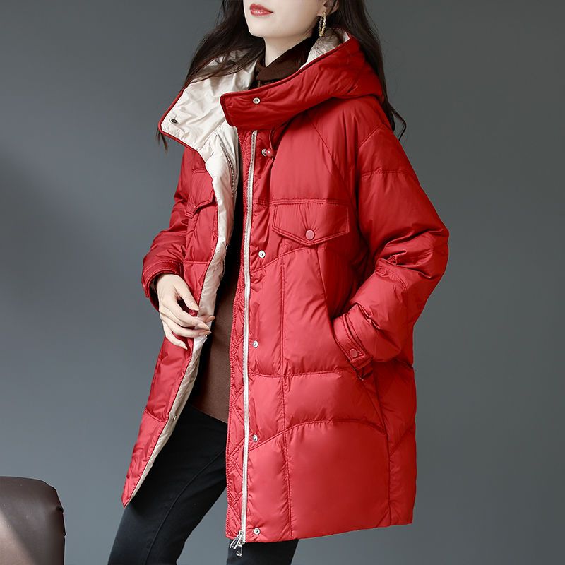 雅鹿新款白鸭绒加厚连帽中长款羽绒服女2024冬季新款韩版宽松保暖