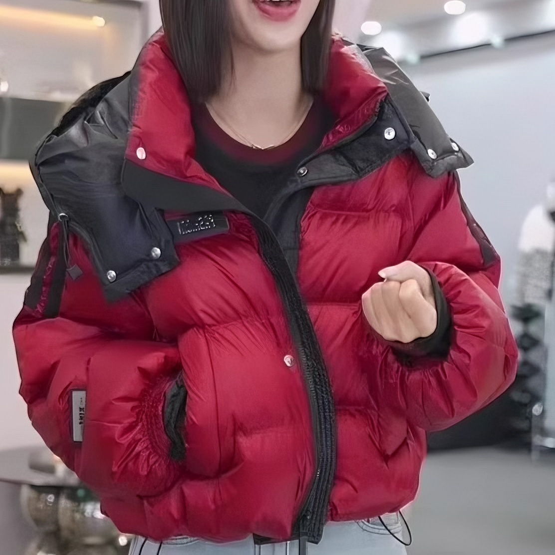 欧撞色贴标抽绳连帽棉服外套女2023冬季新款高级感加厚显白棉衣
