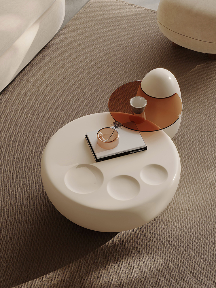 客厅圆形茶几高颜值猫爪设计师钢化玻璃边几米白奶油风创意桌桌子