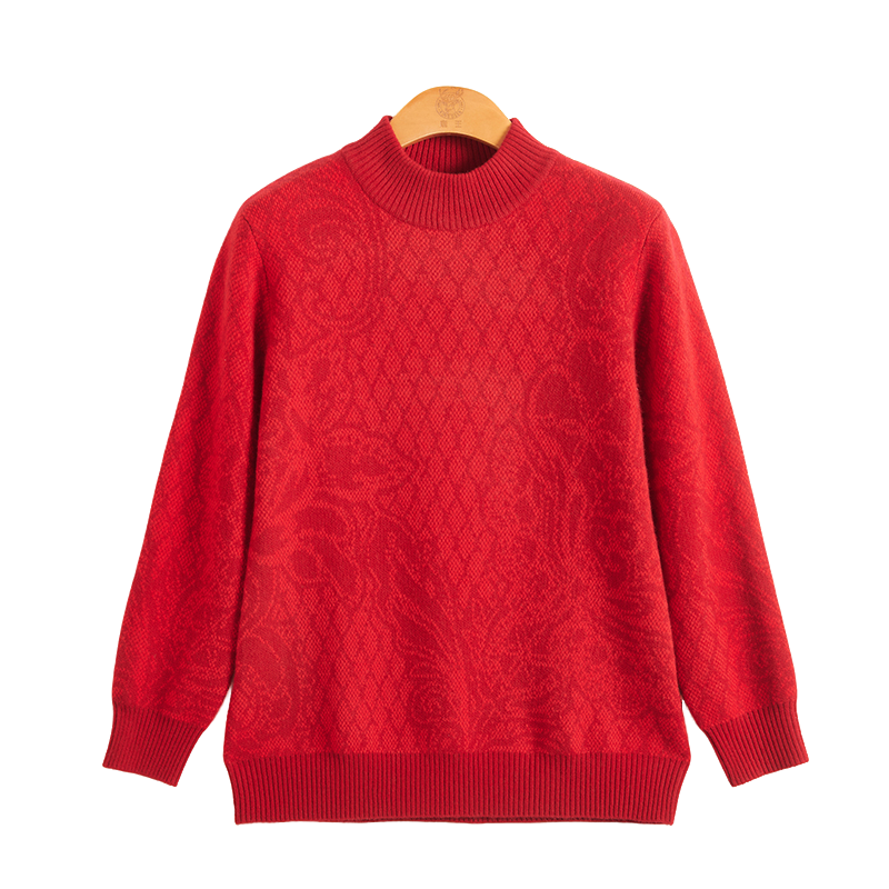 秋冬新款 半高领加厚提花妈妈装 女式套头羊绒衫红色102819178