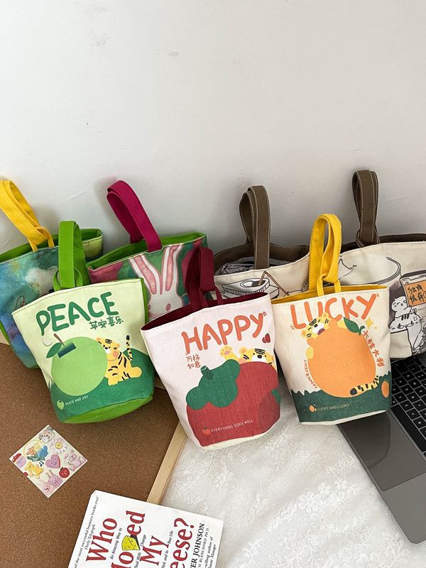 油画风手提包可爱印花单肩包户外便携手提袋卡通学生帆布包包nbd