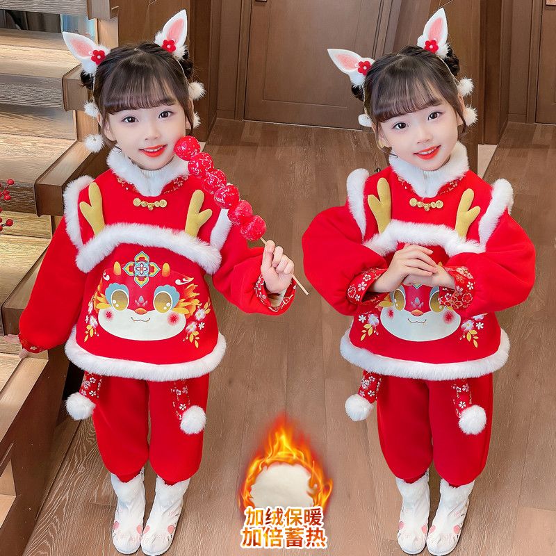 女童冬季年服套装2023新款汉服中国风儿童加绒加厚女宝宝拜年服潮