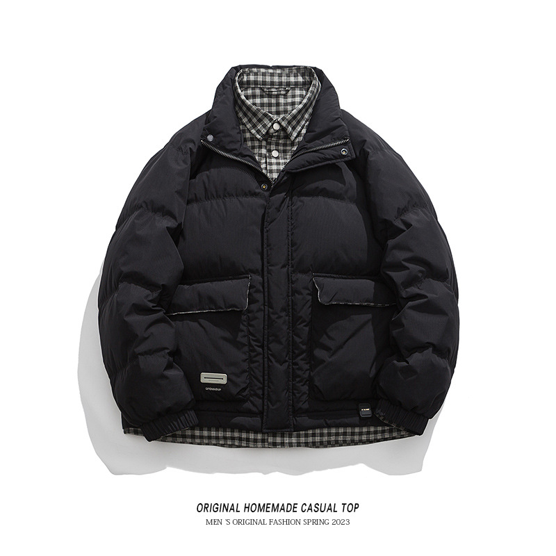 OLDTRIBE潮牌格子内衬假两件羽绒服男冬季情侣白鸭绒保暖休闲外套