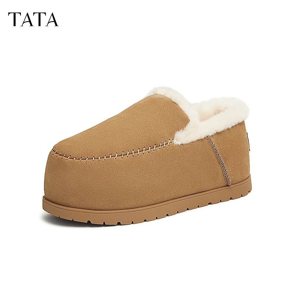 TATA他她复古棕色毛毛鞋女鞋加绒雪地靴面包鞋保暖棉鞋24冬季新款