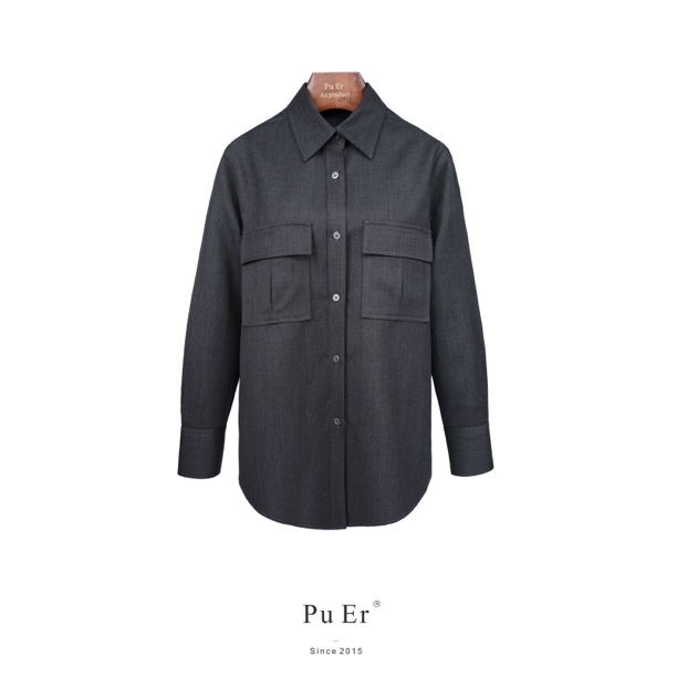 特价款-璞迩烟灰色骑兵呢羊毛衬衣款外套