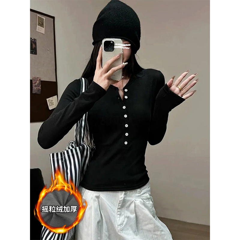MosesQueen/魔西女王韩版圆领摇粒绒修身长袖T恤修身内搭打底衫
