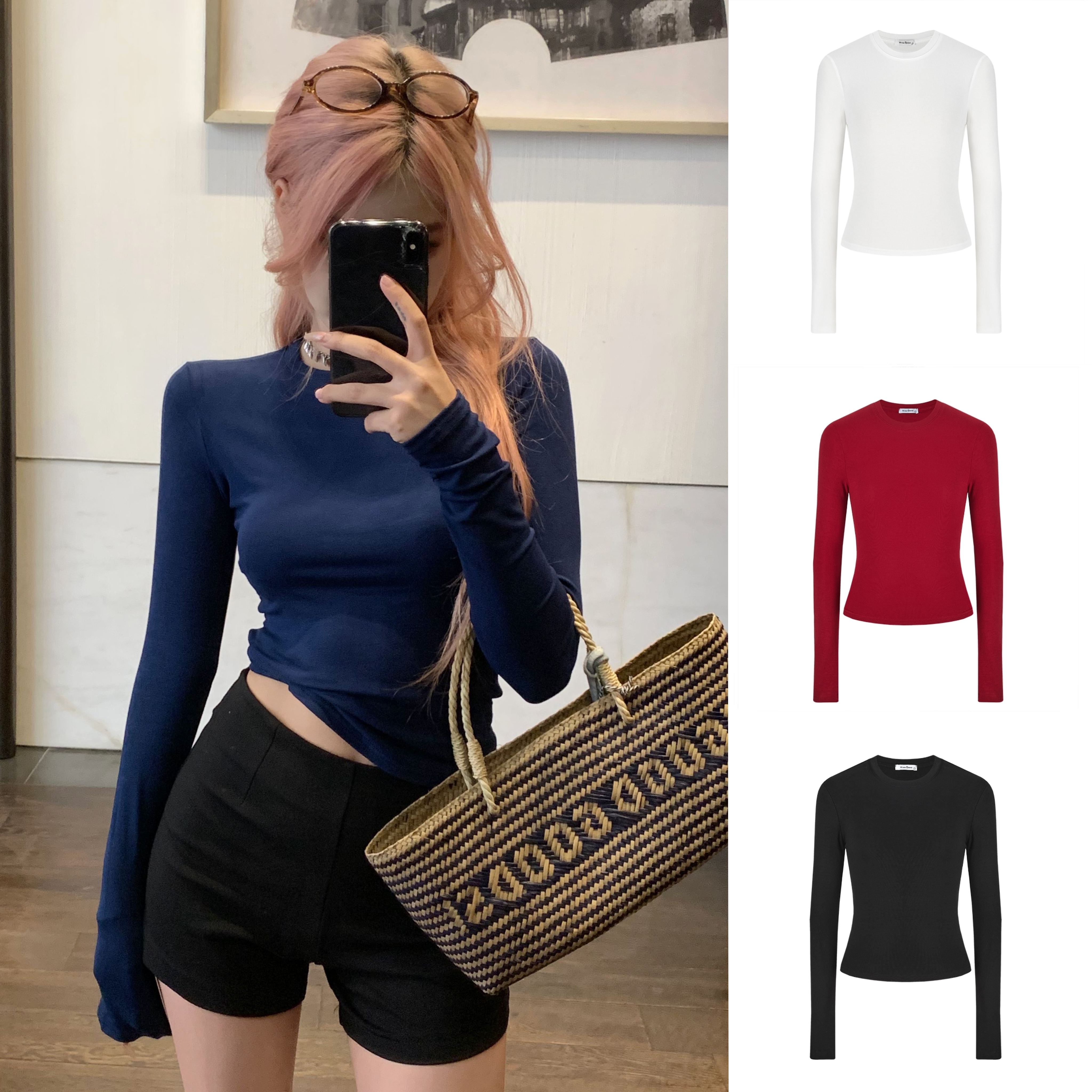 Moses Queen/魔西女王 掐腰正肩t恤女修身打底衫高能感长袖上衣