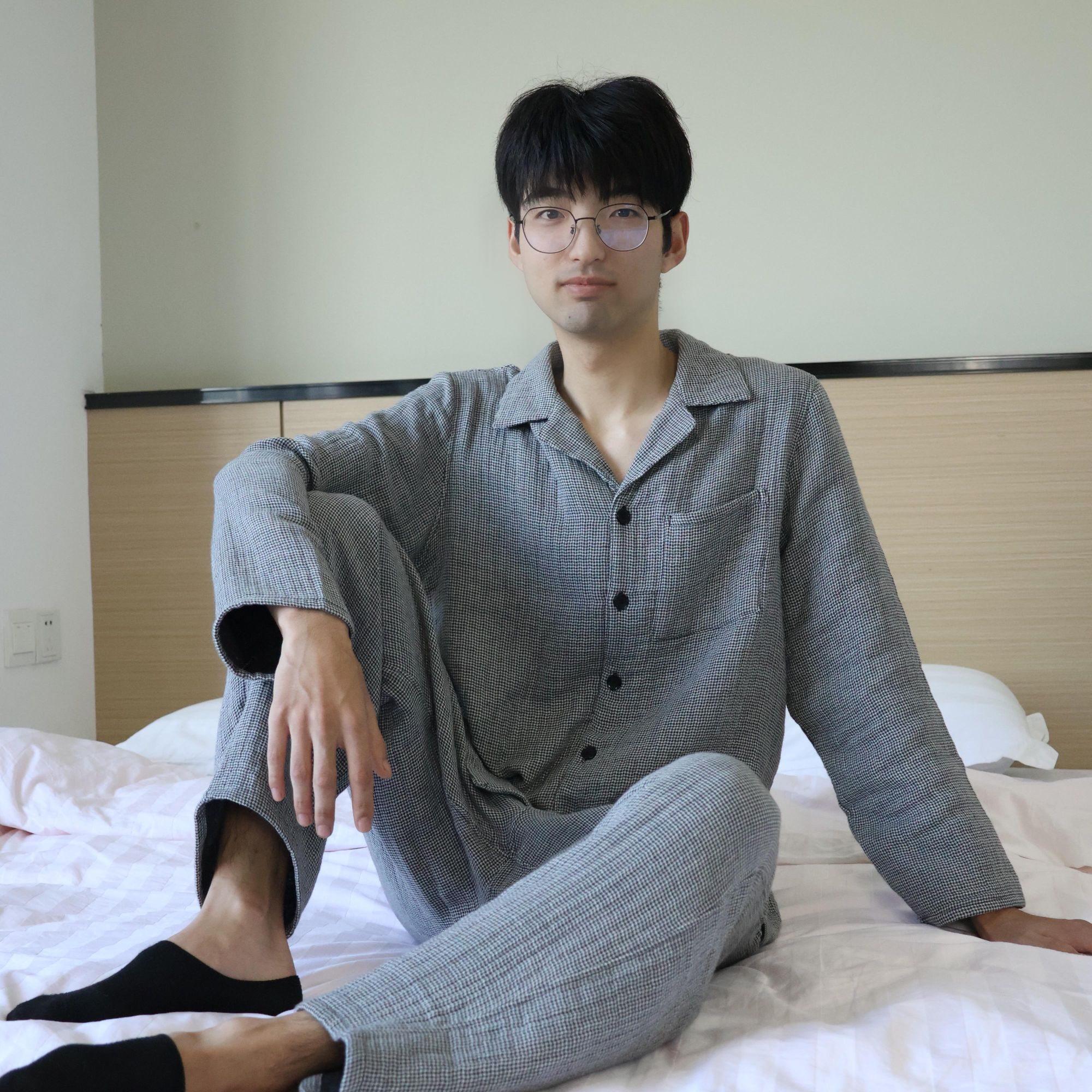 四层纱男士100%棉家居服保暖裤兜款套装  21236