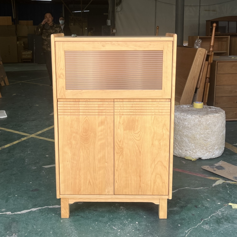 日式餐边柜实木储物柜简约客厅玄关柜北欧玻璃收纳柜展示柜原木色