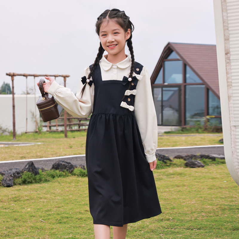 女童春秋连衣裙新款洋气学院风中大童韩版女孩假两件拼接网红裙子